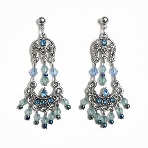 Vintage Art Nouveau–Inspired Crystal Fringe Earrings w/ Iridescent Beads